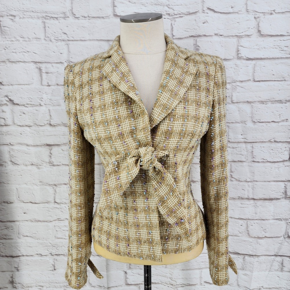 Vintage Y2K Blazer Kawaii Plaid Tweed Glitter‎ Preppy Bow Coquette USA 6 Small